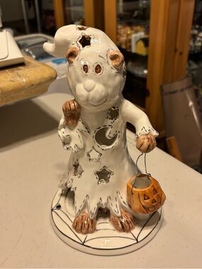 Blue sky White Ceramic Bear Ghost with Orange Pumpkin Bucket - Home Accent.